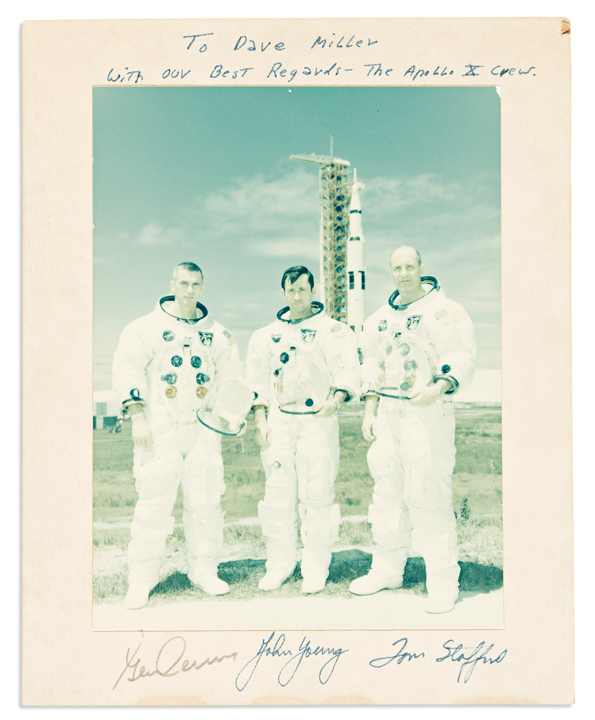 (ASTRONAUTS--APOLLO 10.) Color Photograph Signed by each member of the prime crew: Gene Cernan * John Young * Tom Stafford.